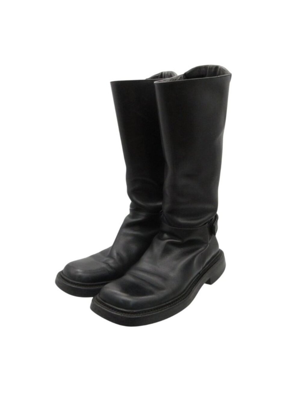Prada Boots Vintage Archive Square Toe Leather Long Shoes Buckle Belt Black
